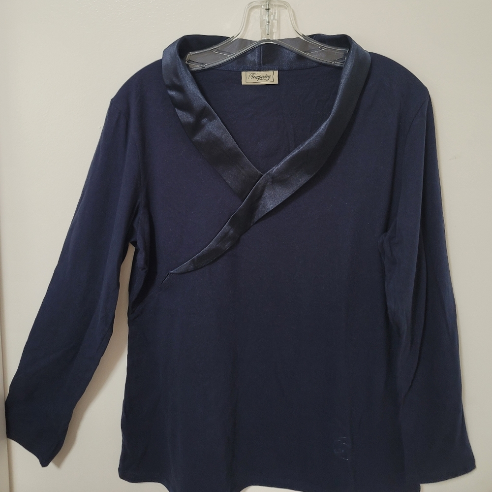 Temperley London Top Navy Blue Satin Collar Long Sleeve Cotton Logo Size Medium